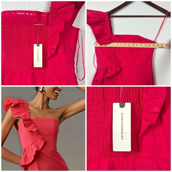 Anthropologie One-Shoulder Ruffle Linen Column Midi Pink Dress M - Picture 5 of 11